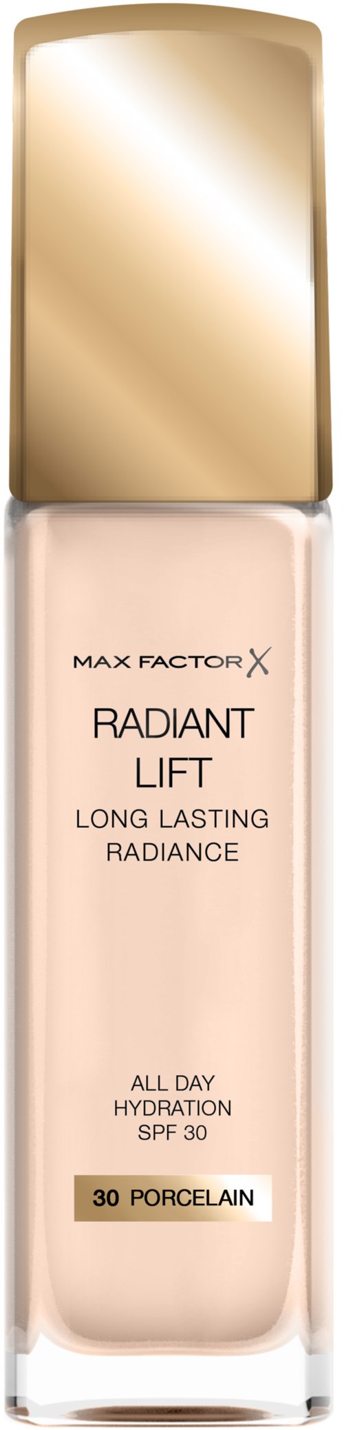 En flaska Max Factor Radiant Lift foundation med guldkork, etiketten visar solskydd och porcelainnyans.