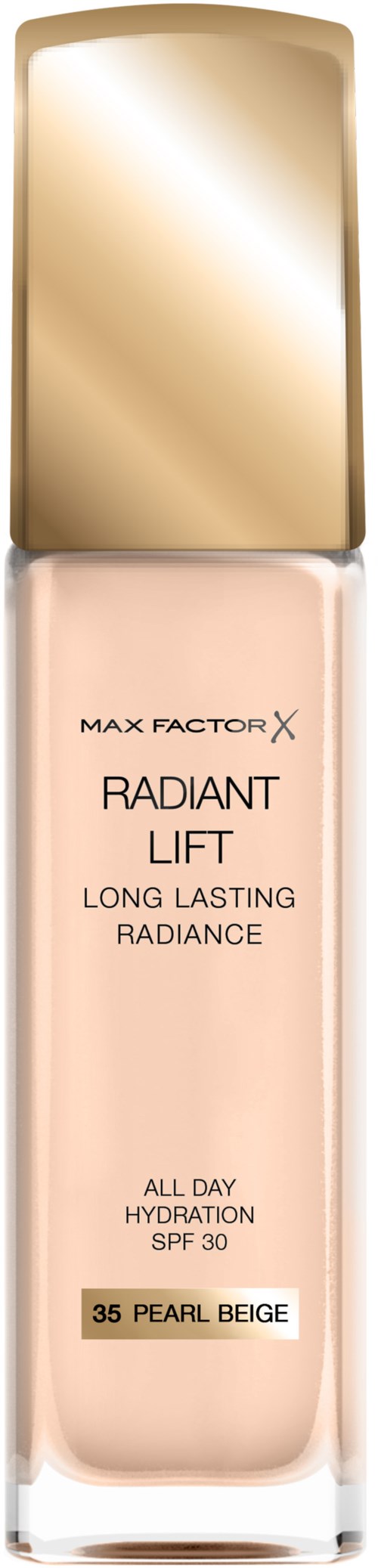 En beige lotionflaska med guldkork, märkt 'Radiant Lift' och SPF 30, för långvarig hydrering och lyster.