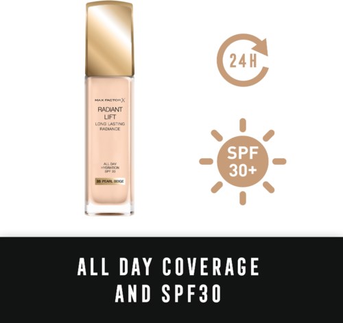 En foundationflaska med SPF 30 och 24 timmars täckning, reklam för hela dagen och långvarig lyster.