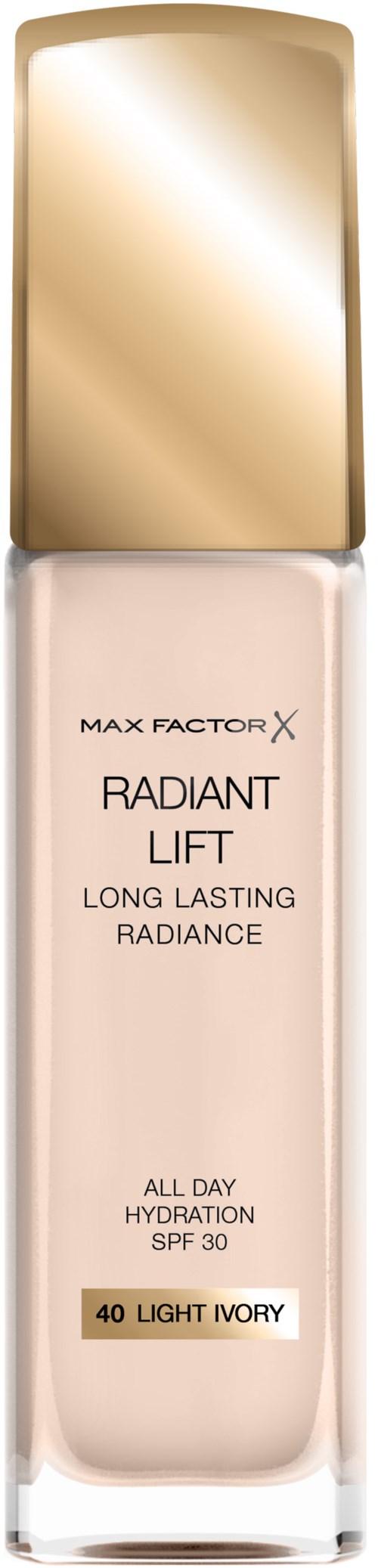 En flaska Max Factor Radiant Lift foundation, ljus ivory nyans, med guldkork och SPF 30, långvarig glöd.