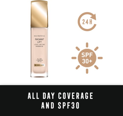 En flaska foundation med 24-timmars täckning och SPF 30+. Den är för hela dagen och ger långvarig glans.