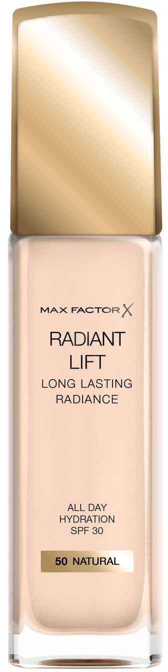 En lång flaska av flytande foundation med en guldkappa. Etiketten säger Max Factor, Radiant Lift, SPF 30 och 50 Natural.