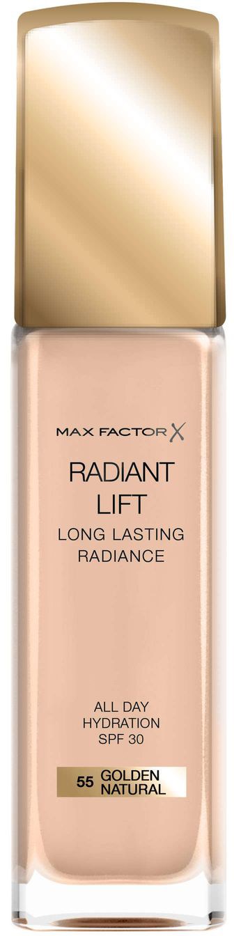 En beige foundationflaska med en glänsande guldlock, märkt "Max Factor Radiant Lift" och SPF 30.