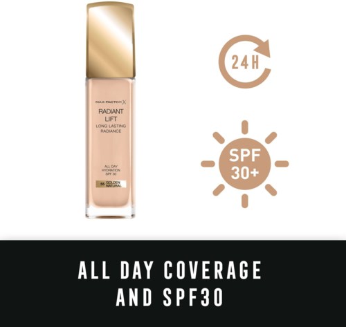 En foundationflaska med SPF 30 och 24-timmars täckning, beskriven som långvarig och lämplig för hela dagen.