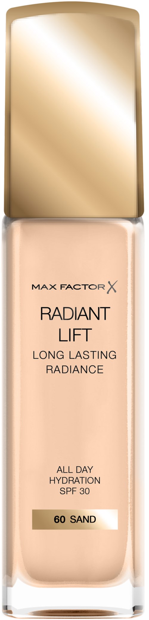 En beige foundationflaska med guldkork, märkt 'Radiant Lift' för långvarig återfuktning och SPF 30.