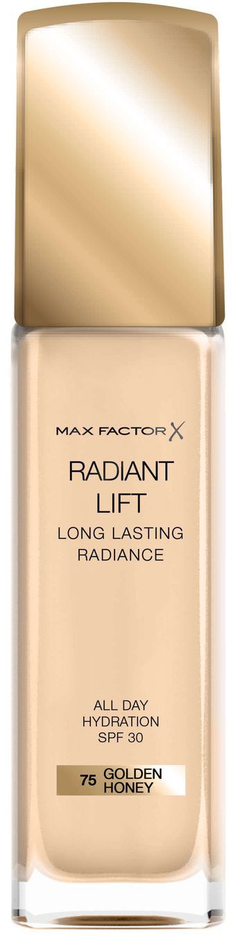 En flaska av Max Factor Radiant Lift foundation, i nyansen Golden Honey, med SPF 30, för långvarig lyster.