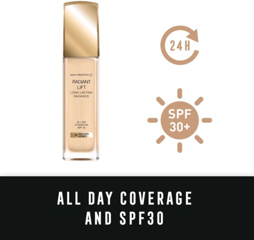En foundationflaska med SPF 30 ger hela dagen täckning och 24-timmars återfuktning.