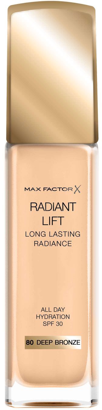 En flaska av Max Factor Radiant Lift foundation i en beige nyans med guldkork.