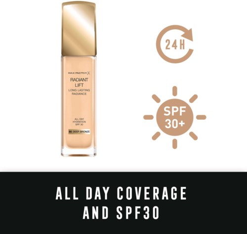 En foundationflaska med solskydd SPF 30+, håller i 24 timmar, ger hel dags täckning.