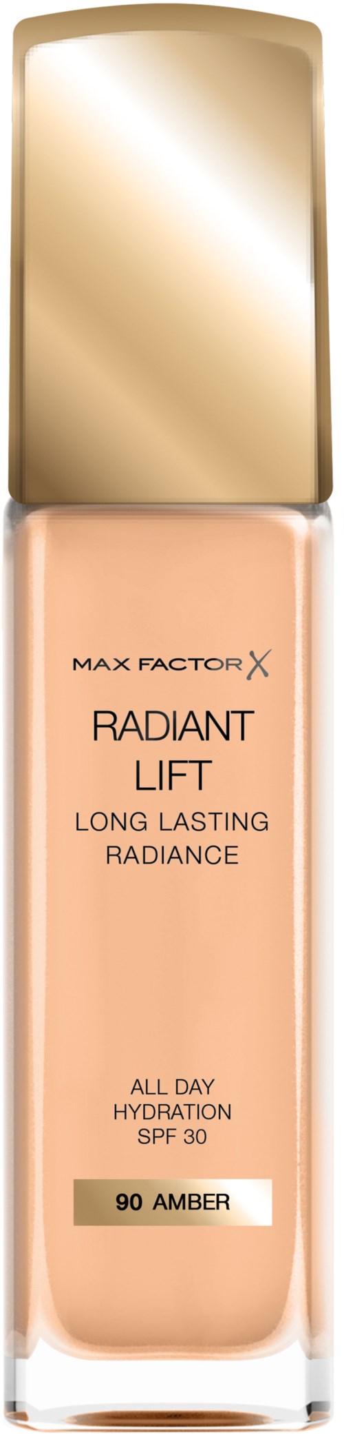 En flaska Max Factor Radiant Lift foundation med beige lock och enkel etikett, innehåller långvarig och återfuktande makeup.