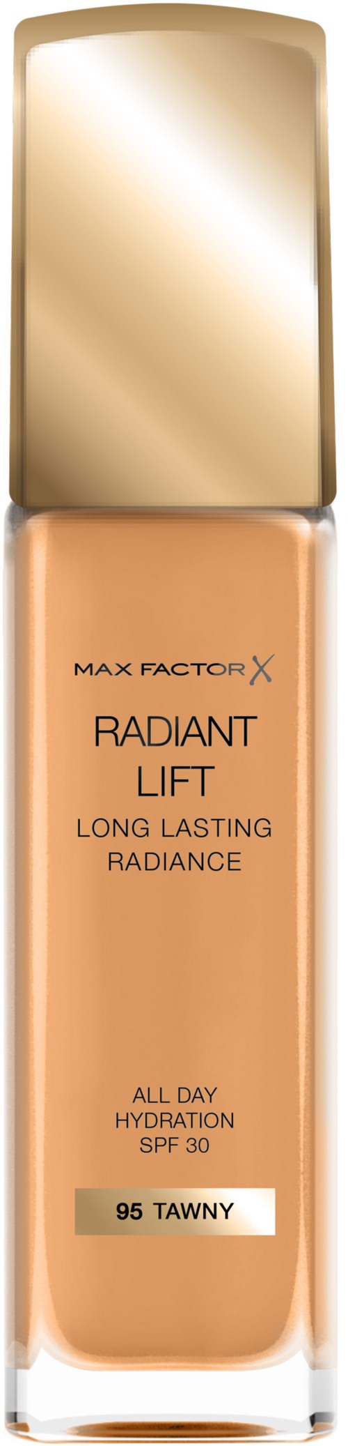 En foundationsflaska med guldig kork och beige vätska, märkt 'Max Factor Radiant Lift' och 'Tawny'.