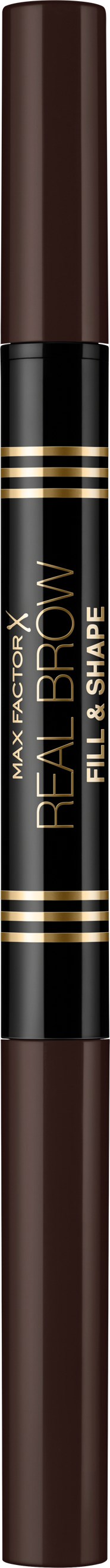 En svart blyant med gullringer og brune ender, merket "Real Cream" for sminke.