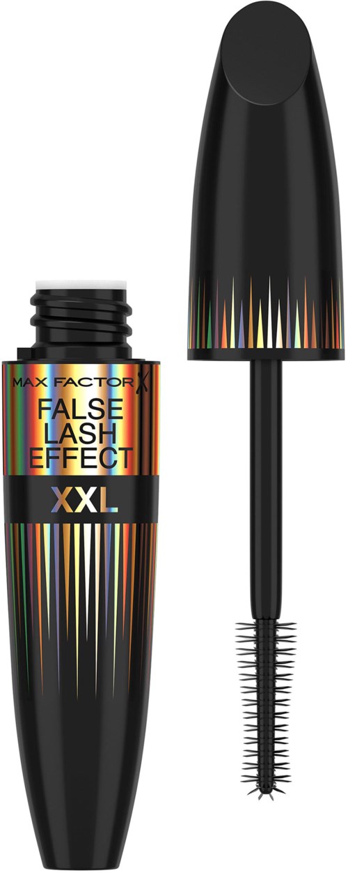 Een zwarte mascara-flacon met een kleurrijk streeppatroon, gemarkeerd 'XXL' en 'False Lash Effect', zonder deksel en met borsteltje zichtbaar.