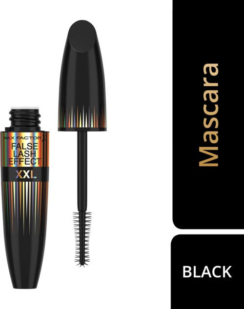 Een zwarte mascara-tube met kwast, oranje label en de woorden "False Lash Effect XXL" op de verpakking.