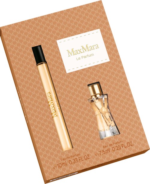 MaxMara Le Parfum parfyme sett med flaske og rullepenn på en mønstret brun bakgrunn.