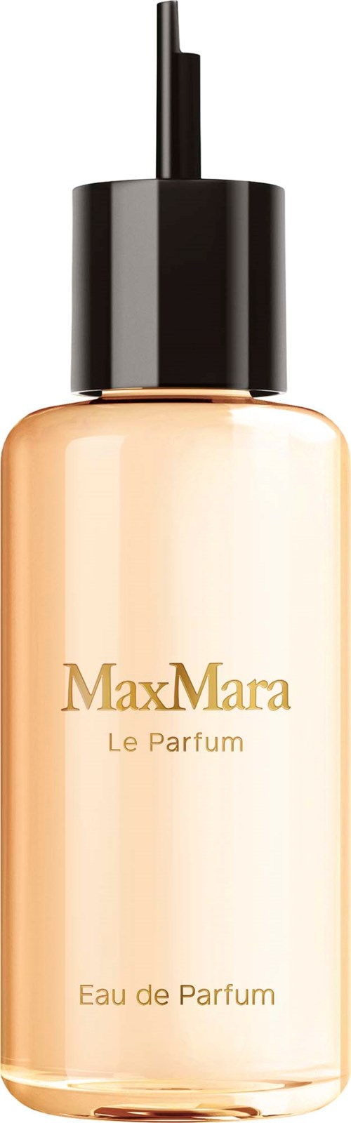 En klar glassparfyme flaske med svart sprayhode, merket MaxMara Le Parfum Eau de Parfum.