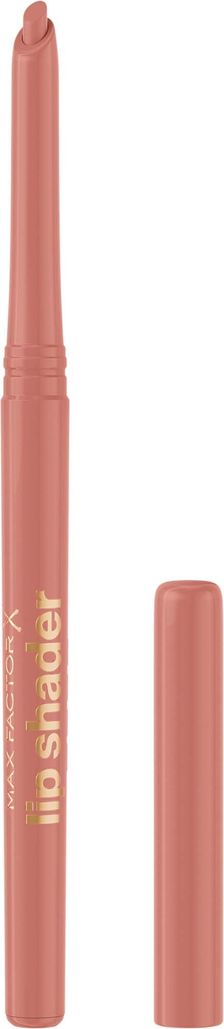 Een roze lipliner met punt en deksel ernaast. De potlood is gemarkeerd met de merknaam elf.