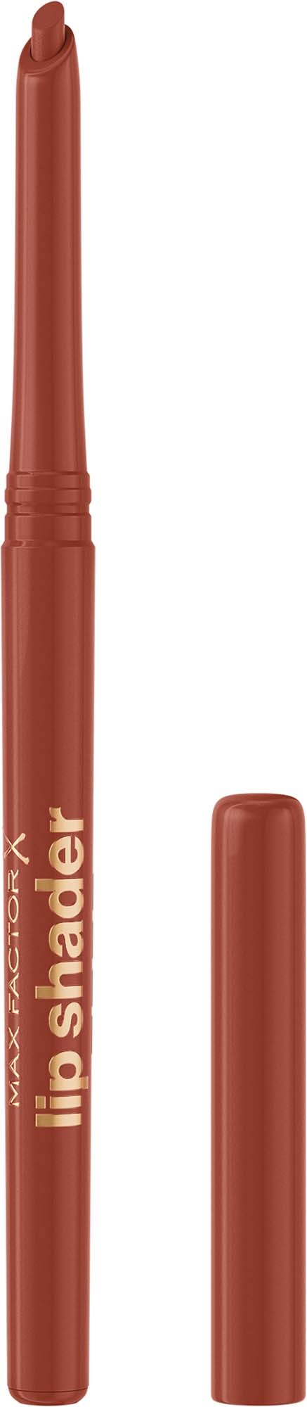 Ein brauner Lippenkonturenstift mit Deckel, mit der Aufschrift lip shaper, steht aufrecht mit spitzem Spitze.