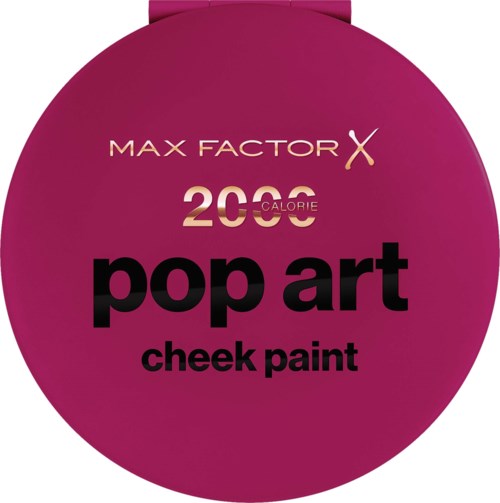A round magenta cosmetic container with a label showing product details including Max Factor, pop art, cheek paint, and 200 calories.