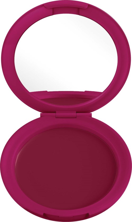 Pink compact with a mirror inside and dark pink powder or blush.