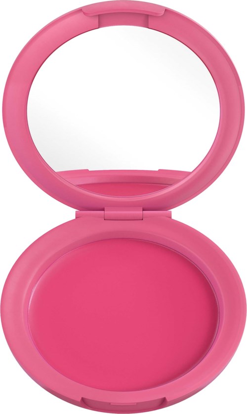 Ein rosa Make-up-Compact mit Spiegel und leerem Raum für Puder oder Rouge.