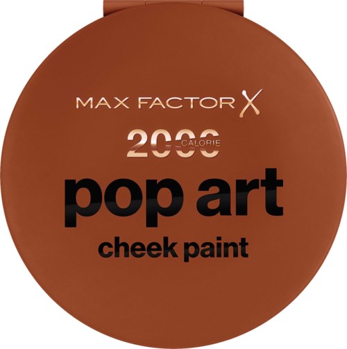A round container with brown color and black text, labeled Max Factor pop art cheek paint, 200 calories.