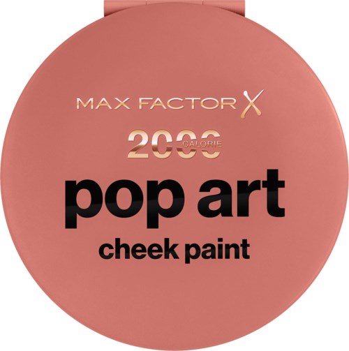 A round compact container with pink color, featuring text about Max Factor, 2000 calorie pop art cheek paint.