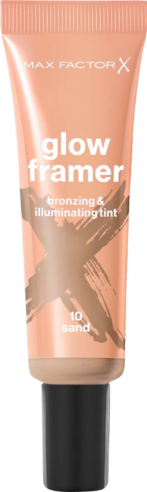 Ein beigenfarbiger Max Factor glow framer Bräunungs- und Aufhellungstinte, bewertet mit 10 sand, mit schwarzem Deckel.