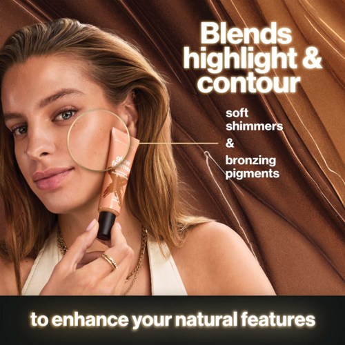 A woman uses a makeup brush with light effect, highlighting cheek and face contours, against a brown background.