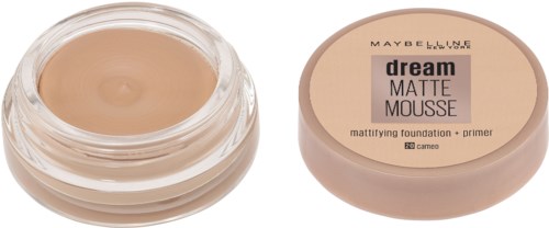 Rund behållare med beige Maybelline Dream Matte Mousse foundation, med öppen lock som visar produkten.
