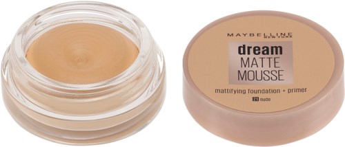 En burk med Maybelline Dream Matte Mousse foundation med locket bredvid.