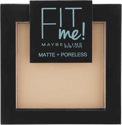 En Maybelline ansiktsproduktlåda med märkningen 'Fit Me!' med matt och poreless formula.