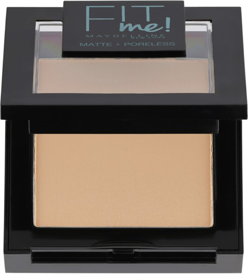 En kompakt makeupprodukt med en beige pressad puder, svart plasthölje och ett genomskinligt lock som visar märket 'Fit Me!'.