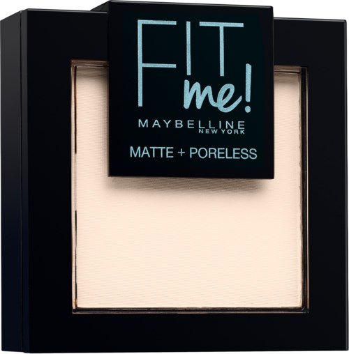 En Maybelline Fit Me!-fjärrkontroll, matt och porlös puder i ett svart fall med ett genomskinligt fönster.