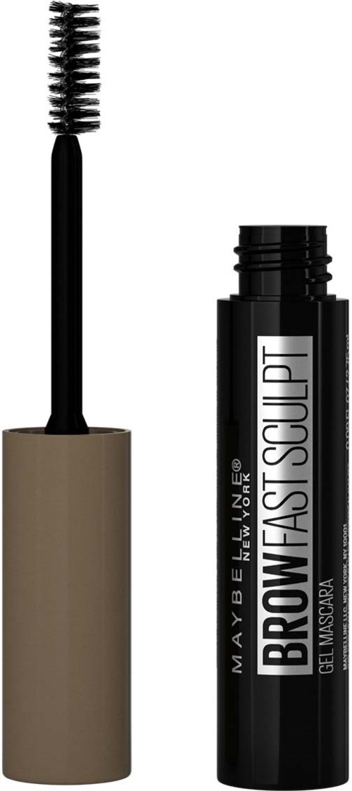 En svart mascara tubb med borste och beige lock, märkt 'Maybelline Brow Fast Sculpt Gel Mascara'.