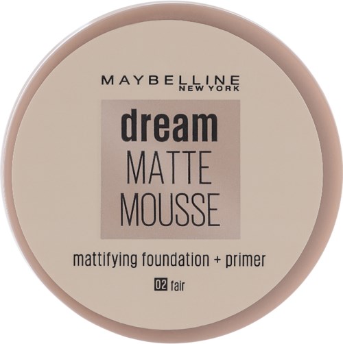 En rund Maybelline New York- behållare med Dream Matte Mousse foundation och primer i nyans 02 Fair.