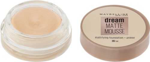 En behållare av Maybelline Dream Matte Mousse foundation med locket bredvid.