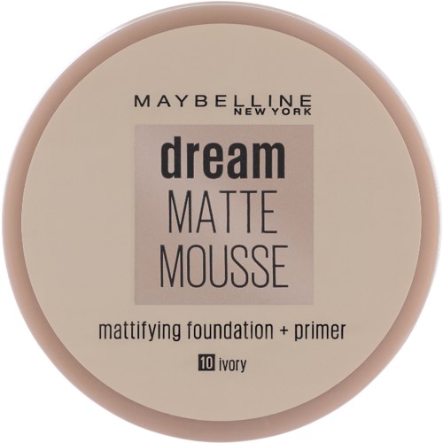 En rund makeupprodukt med Maybelline Dream Matte Mousse i nyansen ivory.