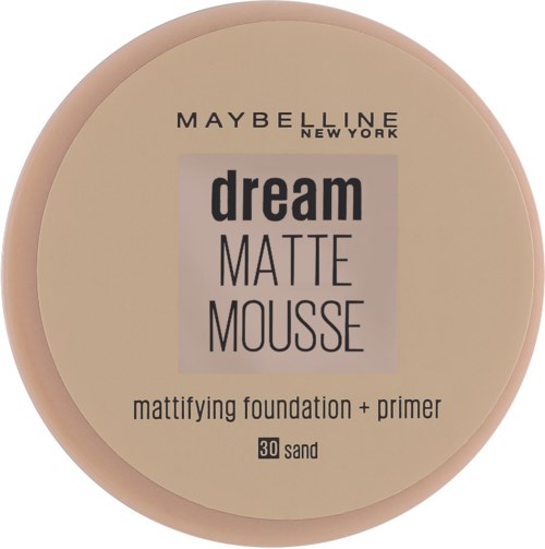 Det här är en Maybelline matta mousse-foundation i en beige behållare, märkt som 'dream MATTE MOUSSE' i svart och lila.