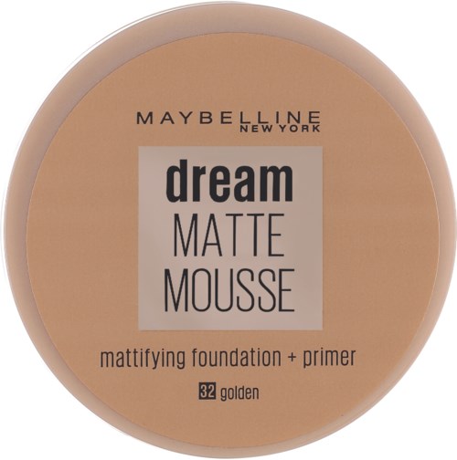Een Maybelline foundation genaamd Dream Matte Mousse, kleur 32 Golden, met een label dat zegt dat het een matterende foundation en primer is.
