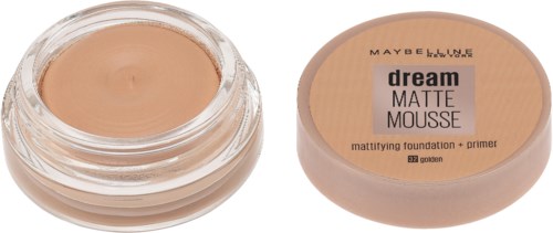 Een glas met beige Dream Matte Mousse foundation met deksel dat de naam en het merk van het product toont.
