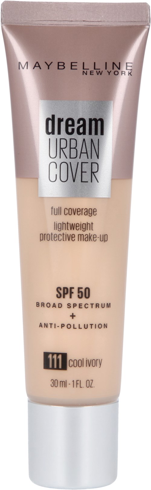 En tub med Maybelline Dream Urban Cover foundation, ljusbeige färg, SPF 50, 30 ml, med skyddande och anti-pollution funktion.