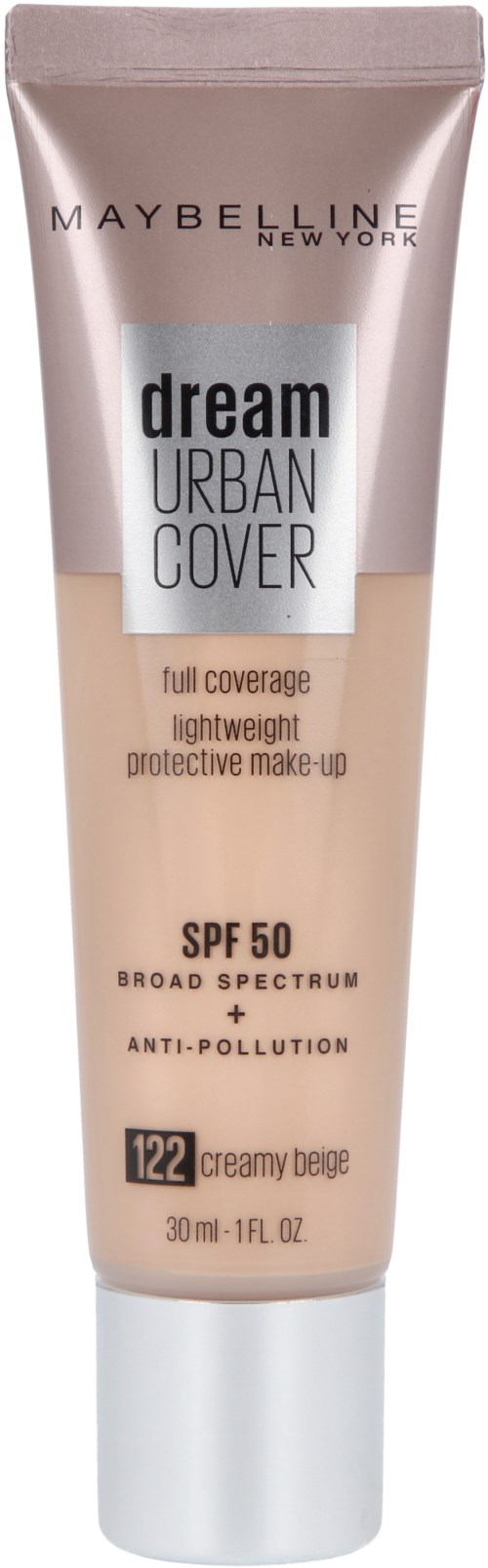 En tub med Maybelline Dream Urban Cover foundation med SPF 50, fulltäckande, lätt och anti-förorening. Färg 122.