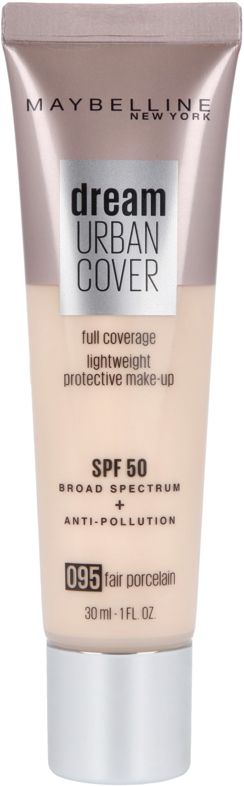 Een Maybelline foundation tube met 'Dream Urban Cover' label, SPF 50, anti-vervuiling, in tint 095 Fair Porcelain.