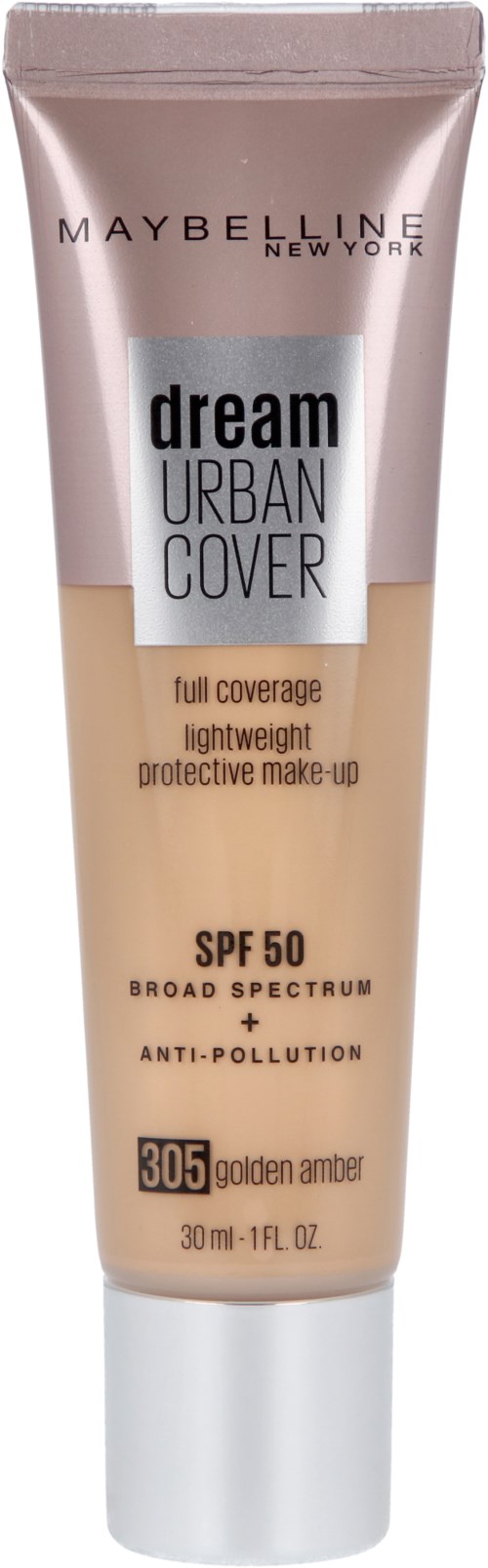 En Maybelline foundationrör märkt 'Dream Urban Cover' med SPF 50, full täckning och gyllene bärnstenfärg.