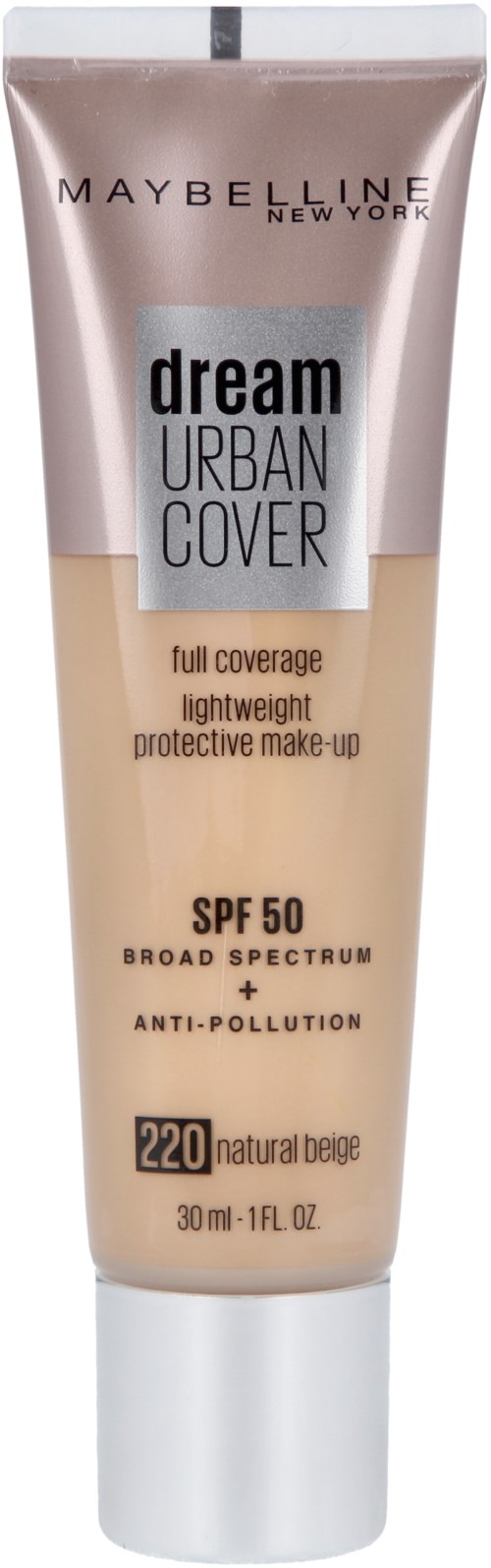 En beige foundationrör med silverlock, märkt Maybelline Dream Urban Cover, SPF 50, 30ml, naturlig beige.
