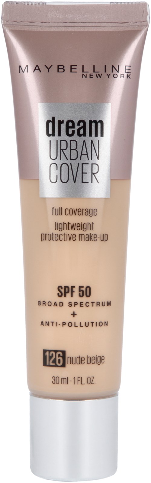 En tub med Maybelline Dream Urban Cover foundation med SPF 50, fulltäckande och bredspektrumskydd.