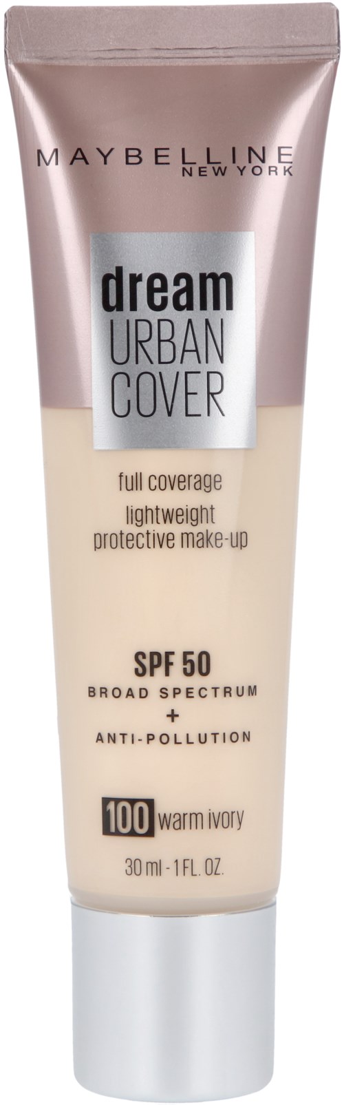 En kosmetiktub märkt Maybelline Dream Urban Cover, SPF 50, i ljus elfenbenfärg, som ger full täckning och motstötande mot föroreningar.