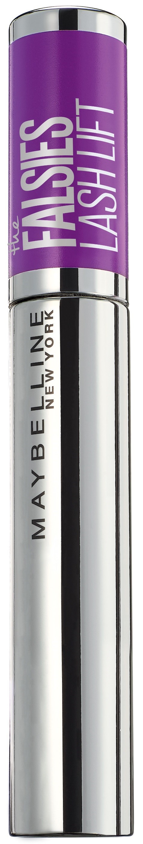 Ett silverfärgat och lila ögonfransfixeringsprodukt med märket "Maybelline" och orden "FALSIES LASH LIFT."