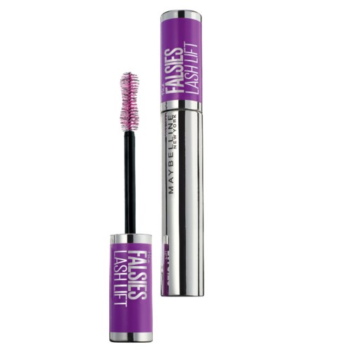 En mycket mascara-rör med borste, lila och silverfärger, märkt 'FALSIES LASHLIFT' av Maybelline.